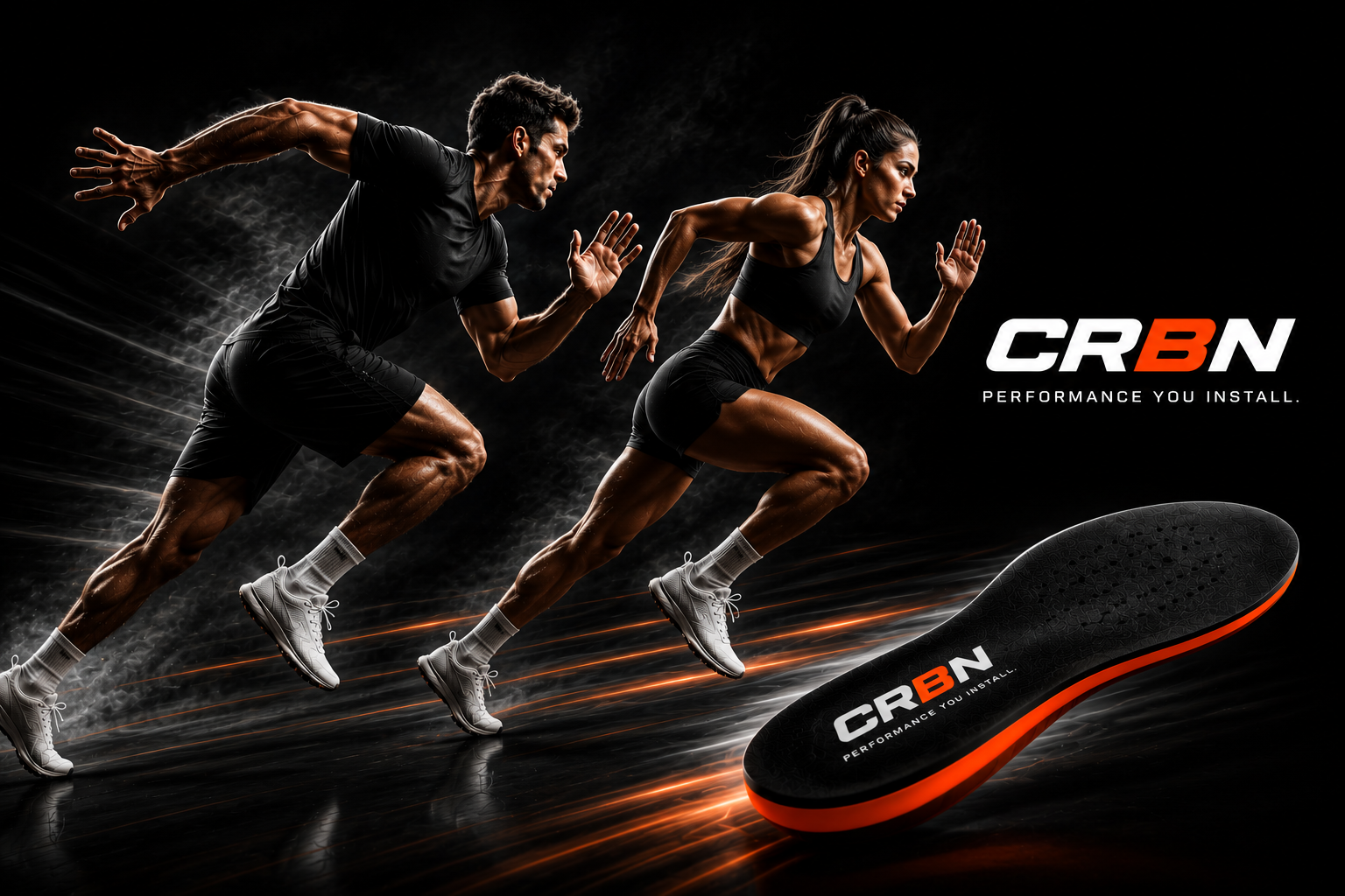 Two runners sprinting beside a CRBN carbon performance insole