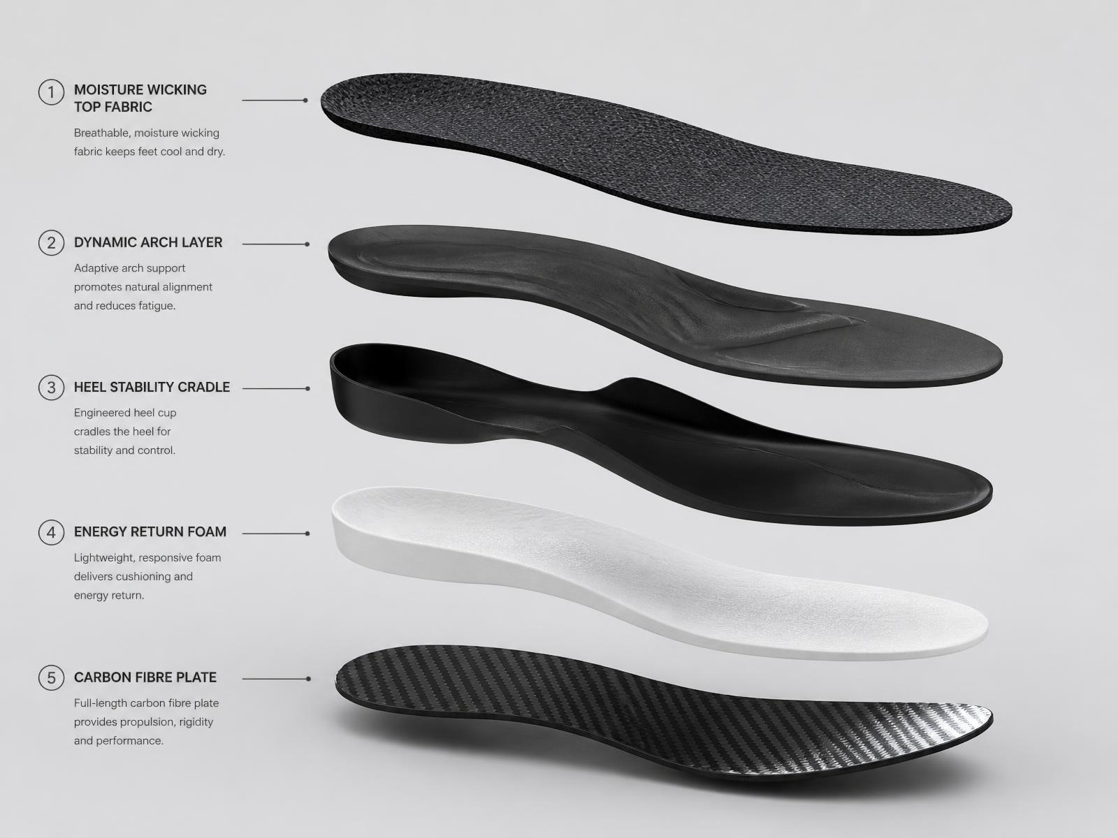 Exploded view of the five CRBN insole layers with the carbon fibre plate at the base