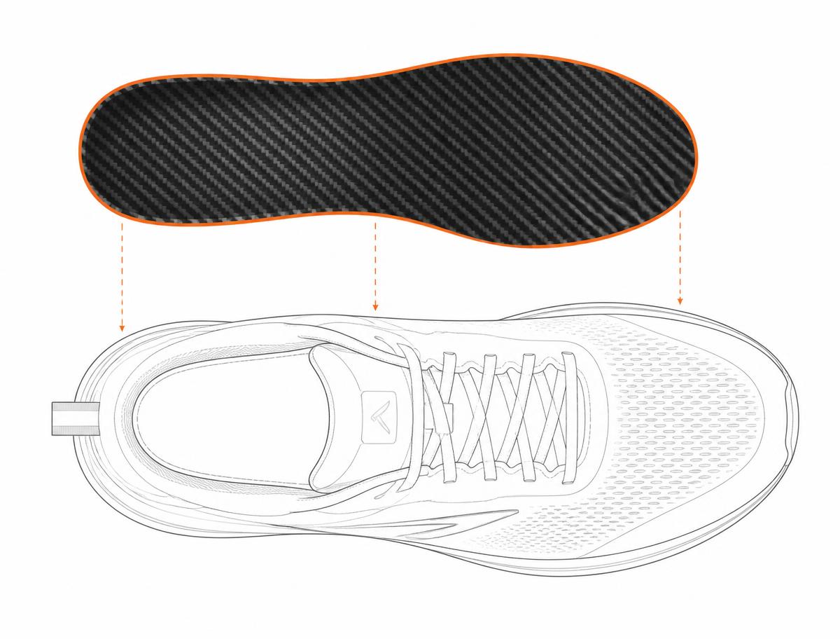 Top-down line illustration of a CRBN carbon insert aligned above a running shoe opening