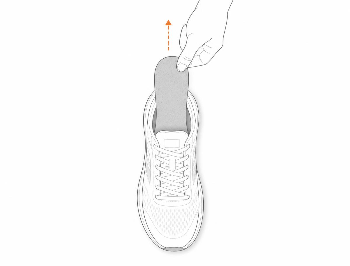 Top-down line illustration of a hand pulling the original insole out of a running shoe